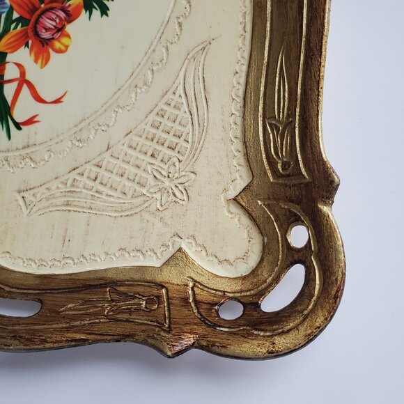MCM 70s Antiqued Floral Melamine Tray Florentine Design Gold Painted Ornate Trim - Picture 3 of 7